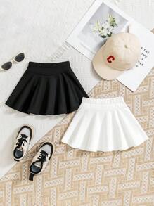 2pcs Baby Girls' Fashionable Simple Black & White Color Block Mini Skirt Set, Summer - Black and White - View 2