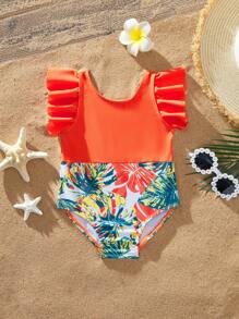 SHEIN Baby Girl Floral Print Ruffle One-Piece Swimsuit, Summer - Orange - View 2