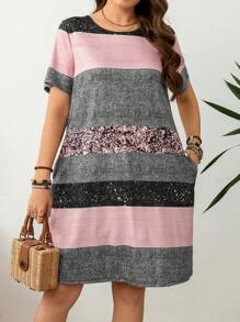 SHEIN LUNE Plus Size Women Colorblock Crew Neck Short Sleeve Casual Dress Summer/Spring Spring Break Sundress Summer Outfits Casual Dress - Multicolor - View 3