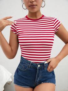 SHEIN Essnce Áo thun dệt kim sọc cổ tròn tay ngắn cho nữ - Đỏ - Xem 5