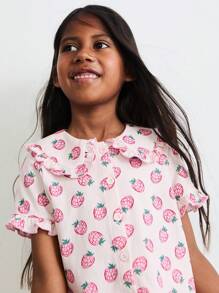 SHEIN Young Girls Set Of Raspberry Print Ruffled Collar Loose Blouse And Elastic Waist Flared Leg Pants With Ruffle Hem, Casual Cute Style For Spring