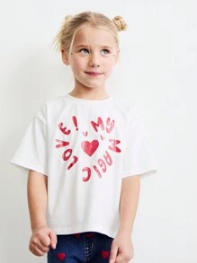 SHEIN Girls Sequined Heart & Letter Print Round Neck Batwing Short Sleeve White T-Shirt, Suitable For Valentine's Day And Spring