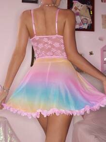 2pcs Set: Lace Patchwork Ruffle Hem Printed Mesh Sexy Nightgown + G-String, Suitable For Music Festivals - Multicolor - View 3