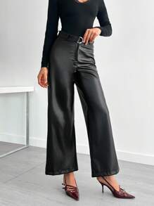 EURMUSE 女士时尚纯色系带 PU 阔腿裤 - 黑色 - 查看 3