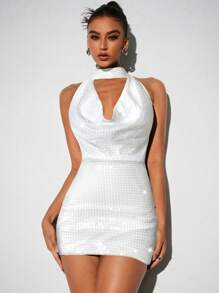 Aloruh Damen Einfarbiges Mini-Kleid mit Drapierung am Ausschnitt, einfacher, stilvoller Lässig-Alltagslook