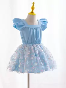 SHEIN 年轻女孩 2 件套：编织纯色领褶边衬衫 + 编织网眼裙，适合婚礼花童的优雅装扮 - 藍色 - 查看 5