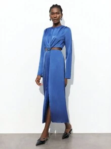 Maija Spring And Summer New Style Blue Waist Sexy Hollowed Out Metal Buckle Women's Long Dress Urban Modern Elegance Daily Casual Commuting Suitable For Going Out For Vacations, Festivals, Parties, Weddings And Dates Business Casual Women's Wear, Office Wear, Low-Key Old Money Style, Effortless Temperament, High-End Urban Commuting, The Same Style As The Editor-In-Chief Of The Magazine, Urban Social Vacation Party Wear, Charming, Low-Key And Durable Basic Style, Versatile And Not Picky Clothing, Street Fashion Wear, Clothing, Coffee Shop, Relaxed Wear