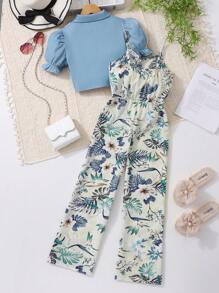 SHEIN Tween Girl 2pcs/Set Ditsy Floral Sleeveless Jumpsuit + Short Puff Sleeve Cropped Jacket Summer Clothes Set,Holiday,Summer,Travel