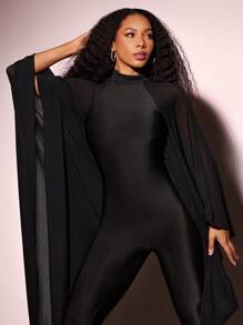 Vixey Mesh Cape Sleeve Detail Skinny Leg Jumpsuit - Black - View 2