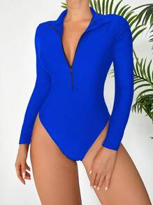 Swim SPRTY 1pc Solid Color Minimalist Casual One-Piece Rashguard, For Daily Wear, For Summer Beach Vacation - Royal Blue - View 1