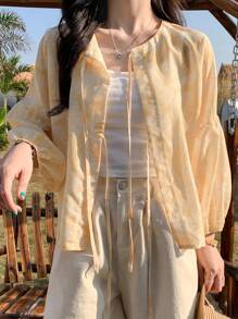 FRIFUL 女式黄色碎花休闲和服波西米亚风外套上衣，春夏 - 黃色 - 查看 3