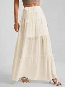 SHEIN Tall Falda blanca de gran vuelo con forro blanco para mujer, adecuada para vacaciones y salidas - Beis - Ver 3