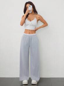 SHEIN PETITE Pantalones largos informales con cintura con cordón, parche de encaje y contraste de color