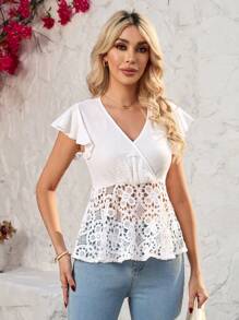 Ellevyn V领蕾丝边女式盖袖衬衫，女士沙滩装 - 白色 - 查看 8