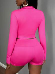 Slaydiva 3pcs Summer Women Sports Set: Zipper Half Stand Collar Tight Long Sleeve T-Shirt Jacket, Sleeveless Cropped Tank Top, Sports Shorts - Style B