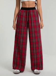 SHEIN Tall 女款 Y2K 红黑格子阔腿裤，街头时尚风格 - 紅色 - 查看 6