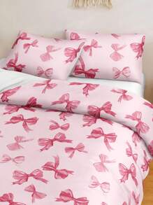 3件套水彩粉色蝴蝶结情人节数码印花床上用品套装（1个被套+2个枕套，不含被芯），可爱少女风，日常柔软涤纶面料，适合四季卧室/宿舍，浪漫家居装饰，优雅床上用品 - 粉色 - 查看 11