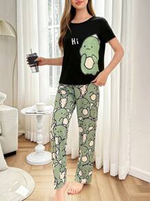 Dream Adore Conjunto de pijama para mujer con estampado de dinosaurios lindos, de manga corta y pantalón largo