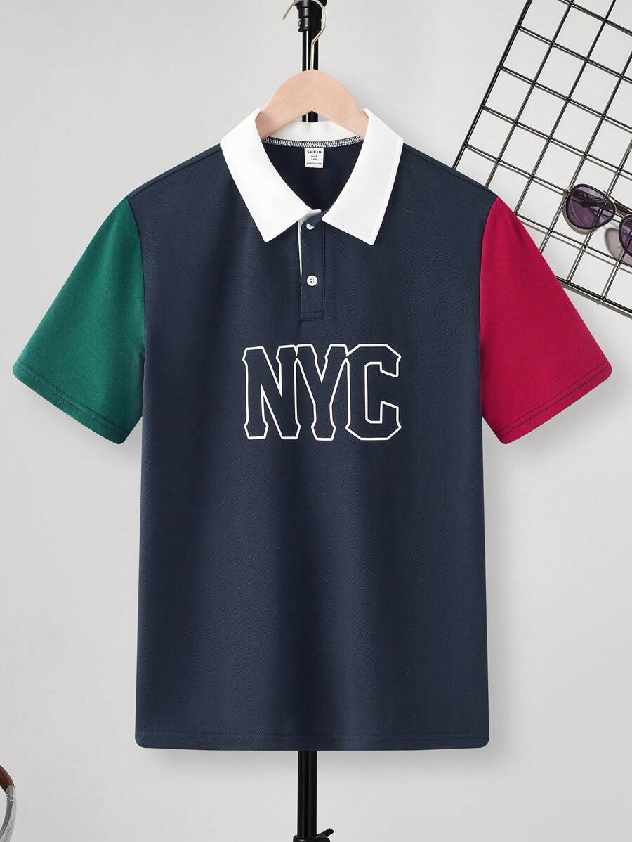 SHEIN Leap Crew 1 Pc Teen Boy Fitted College Patchwork Contrast Lapel Graphic Polo Shirt Spring Wear; Teen Boys' Clothing; Teen Boy' Jackets, Spring Back To School - Multicolor - View 1