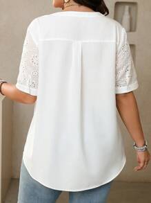 SHEIN LUNE Plus Size Women Floral Print Embroidery Short Sleeve Blouse