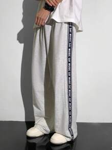 SHEIN 青少年男孩宽松舒适休闲灰色撞色侧边丝带拼接阔腿裤