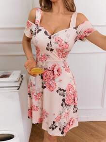 SHEIN VCAY Vestido camisero femenino de línea A con cuello en V, tirantes gruesos y calados, romántico y veraniega para vacaciones