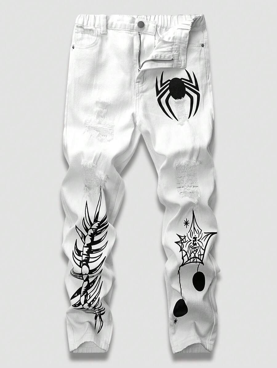 帅气男孩破洞个性印花街头休闲通勤百搭搞怪风黑牛牛仔裤 - 白色 - 查看 1
