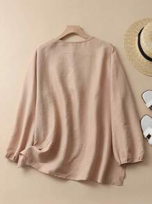 Linhara 大码女式长袖宽松复古衬衫 - 杏色 - 查看 2