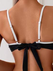SHEIN Swim 女士可调节肩带荷叶边简约细肩带比基尼套装，撞色设计，适合夏季海滩度假 - 黑與白 - 查看 3