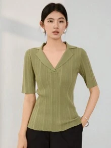 DAZY Women V-Neck Slim Fit Solid Color Casual Knit Top Business Casual Women - Mustard Yellow - View 4