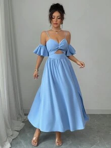 Calvaya Fashionable All-Match Sleeveless Twist Hollow Waist Ruffle Hem Slit Dress For Women