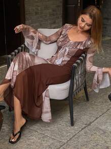 DAZY Floral Patchwork Ruffle Hem Long Fitted Elegant Resort Dress, Boho Style, For Spring & Summer Women,Fall Clothes Long Sleeve Dress - Brown - View 3