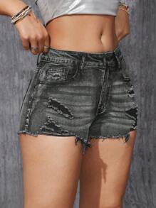SHEIN EZwear Casual Washed Slim Fit Distressed Denim Shorts