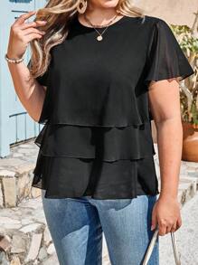 SHEIN LUNE 飘逸荷叶边下摆加大码女式短袖衬衫，优雅适合工作通勤夏季女式圣帕特里克节复活节夏季春季女式海滩圣帕特里克节复活节休闲上衣女式暑假女式复活节狂欢节波西米亚风女式乡村女式乡村音乐会春季女式夏季西部装女式上衣 - 黑色 - 查看 3