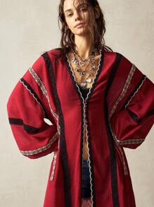 Bohemela Áo tunic dài tay dáng rộng, màu trơn, chất liệu dệt kim, phong cách boho, thích hợp cho kỳ nghỉ biển, dành cho phụ nữ yêu thích phong cách boho. - Đỏ - Xem 1
