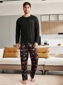 Men's Letter Print Long Sleeve Top And Lip Print Long Pants Pajama Set - Black - View 7