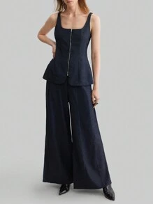 Ontre 2 件女式针织牛仔效果弹力无袖上衣和阔腿裤套装，前拉链短款背心荷叶边下摆，办公室/休闲装，春夏 - 藏蓝色 - 查看 5