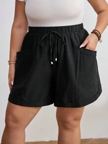 SHEIN CURVE+ Plus Size Solid Color Casual Shorts With Pocket Design, Spring And Summer Boho Vacation - Black - View 8