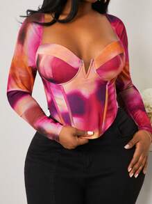 SHEIN SXY Top a bustier in rete con stampa astratta tie-dye, taglia grande, novità primavera/estate 2025, adatto per vacanza al mare, San Valentino, appuntamenti, compleanni, addio al nubilato, casual, shopping, uscite, facile da abbinare, snellente, valorizza la figura