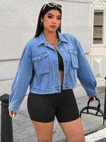 SHEIN EZwear Plus Size Women Single-Breasted Pocket Casual Denim Jacket, Long Sleeve