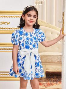 Young Girl 2 Pieces Set: Ditsy Floral Ruffled Sleeves Crop Top With Woven Skirt - Blue - View 4