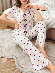 Casual Colorblock Bow Decor Heart Design Lapel Women Pajama Set - Multicolor - View 3