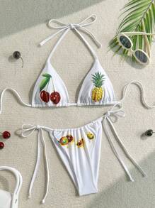 SHEIN Swim Set de 2 piezas de traje de baño para mujer con parte superior de escote en V con atar halter y Bottom de bikini con atar a los lados, estampado de verano y sexy