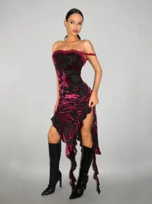 SHEIN ICON Off Shoulder Floral Burn-Out Flocked See-Through High Slit Flare Trim Dress - Burgundy - View 4