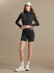 Gameset SHEIN Sport 2 件套拼色短款上衣和修身短裤运动套装 - 黑色 - 查看 5