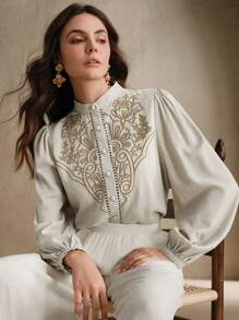 Anewsta Women's Elegant Embroidered Lantern Sleeve Round Neck Retro Pattern Embroidery Blouse Top, Festival Spring Outfits - Apricot - View 3