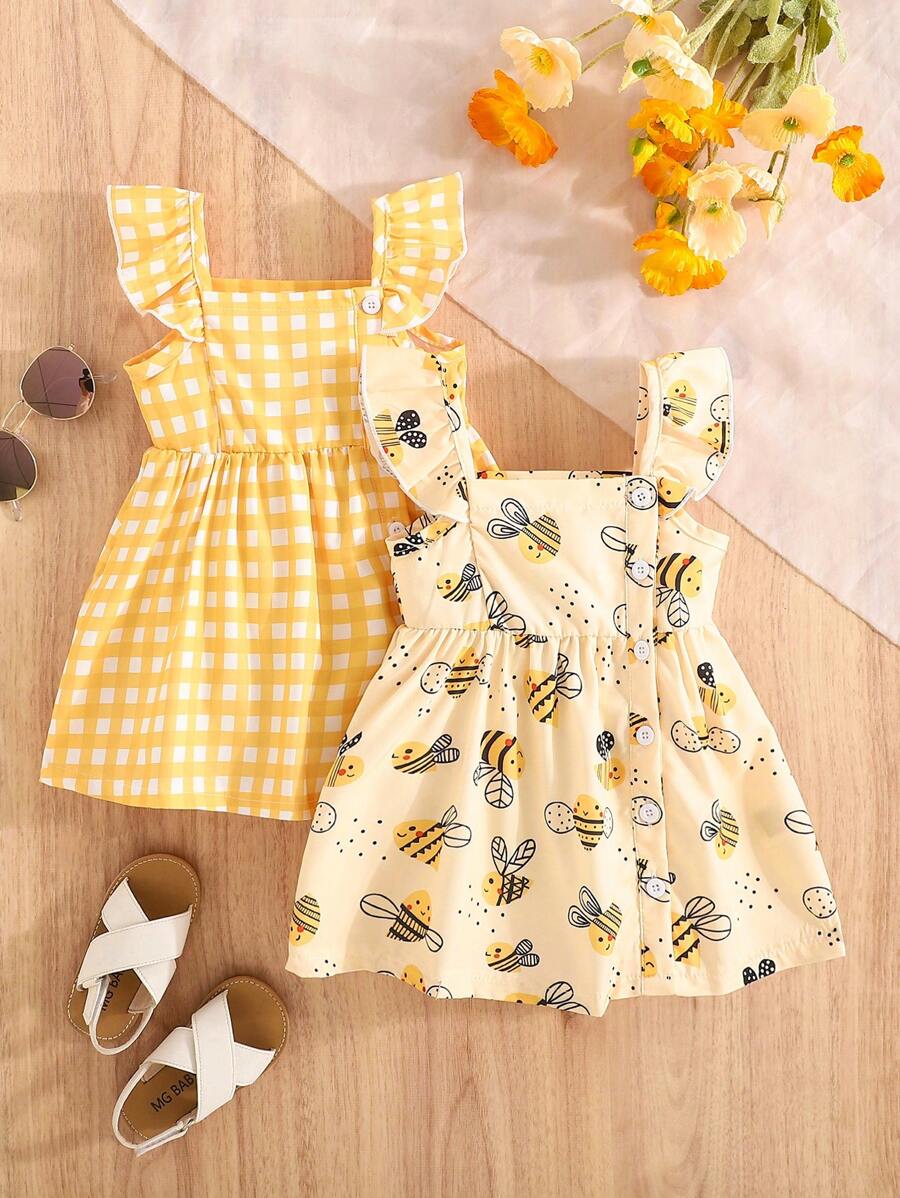 SHEIN Vintaside Kids Ensemble de 2 pièces de robe d'été adorable pour bébé fille imprimé jaune et abeille avec manches courtes - Ensemble de 2 pièces de robes d'été pour tout-petits imprimé jaune et abeille avec manches courtes