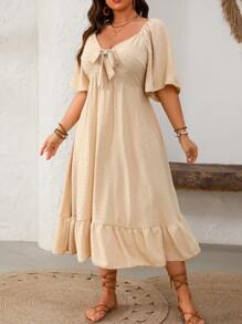 Breezaya Plus Size Cutout Flare Hem Short Sleeve Dress - Apricot - View 7
