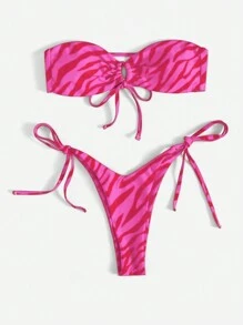 Swim Vcay Women's Sexy Zebra Print Bandeau Bikini Set, Random Print Swimwear, For Summer Beach Vacation