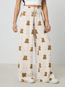 SHEIN Tall Women's Plaid Cartoon Bear Print Drawstring Waist Wide Leg Casual Pants - Apricot - View 1